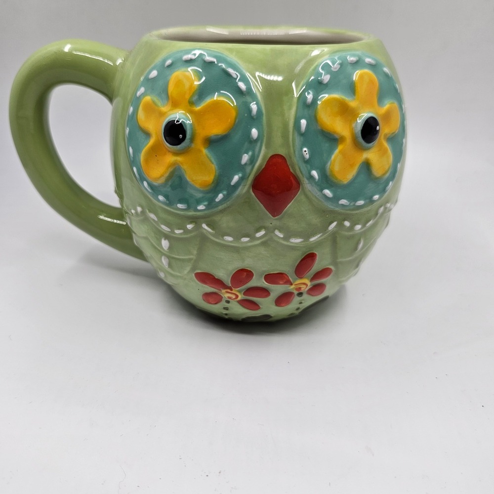 Cracker Barrel Green Owl Ceramic Coffee Mug 3D Flower Eyes Sculpted Whimsical